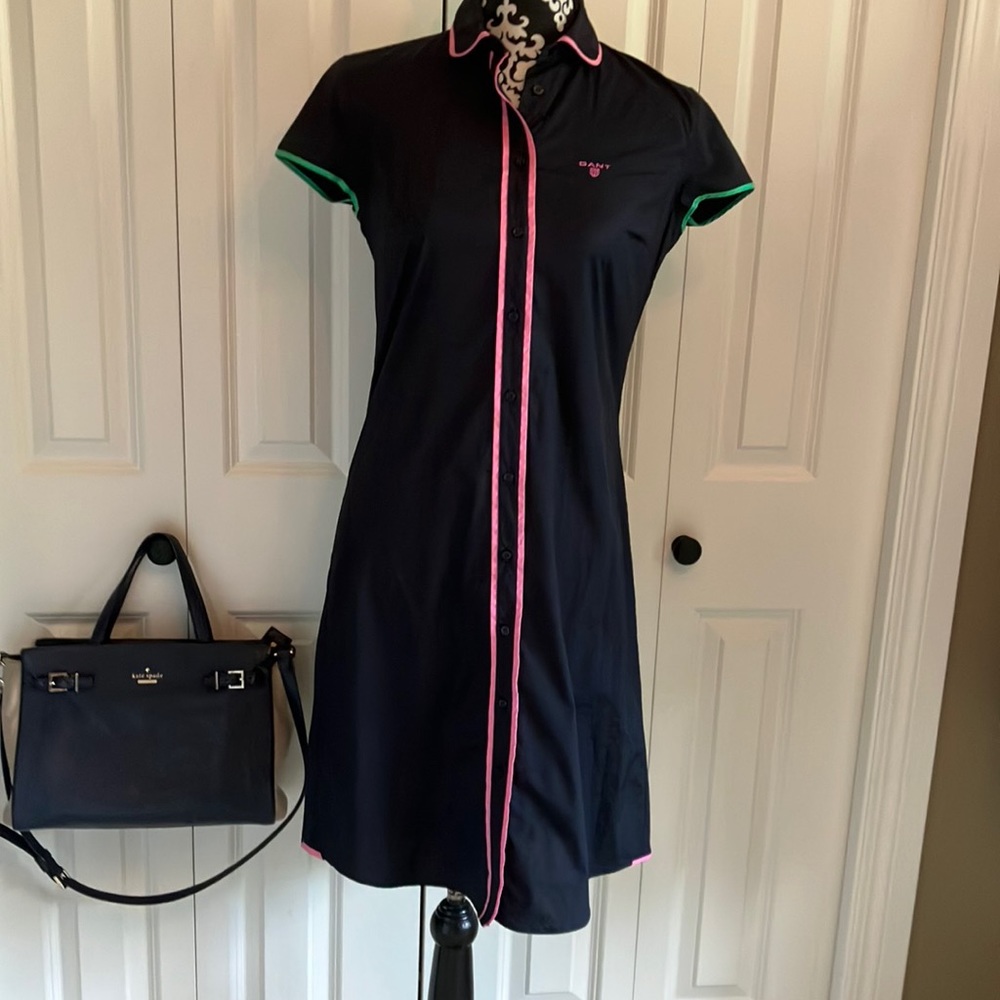 Just listed🦋classic Gant navy cotton blend shirt dress w/pink&green trim